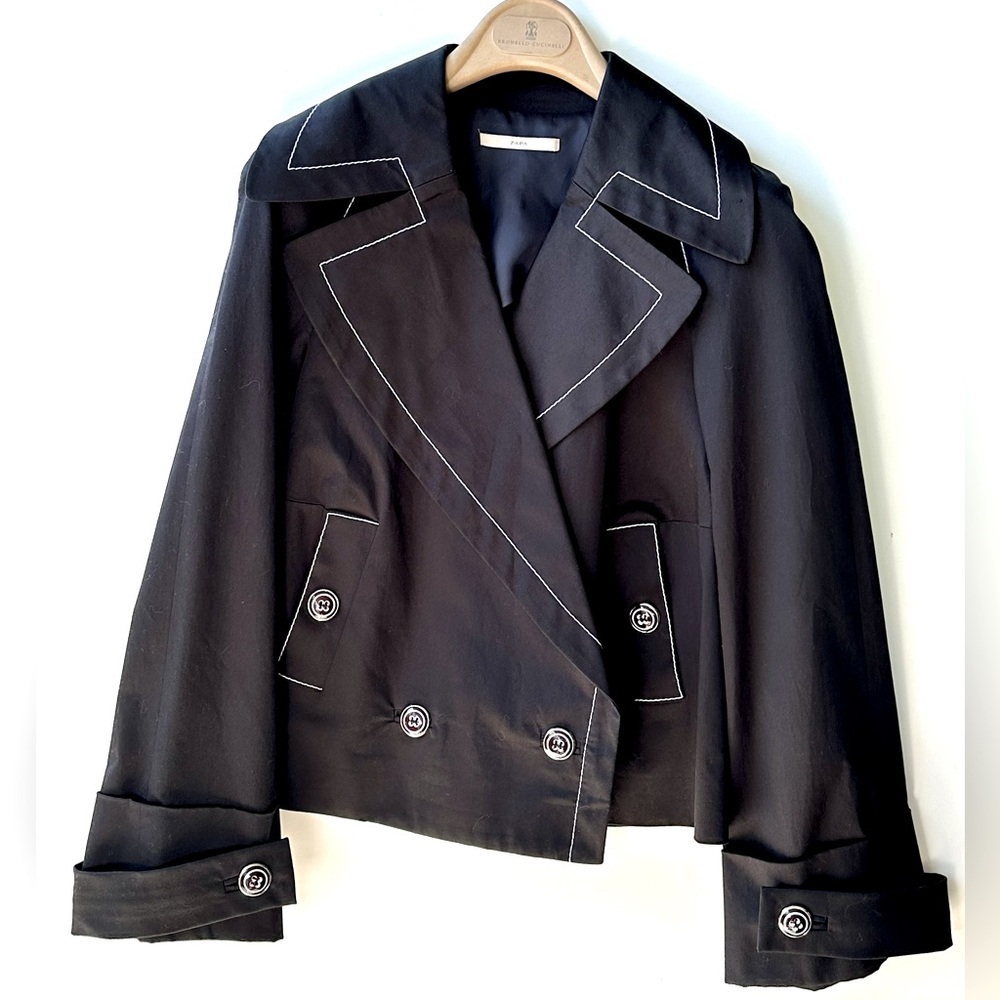 ZAPA Paris Stretch Cotton Black Jacket, Short Coat, White Stitching, 36, US 2